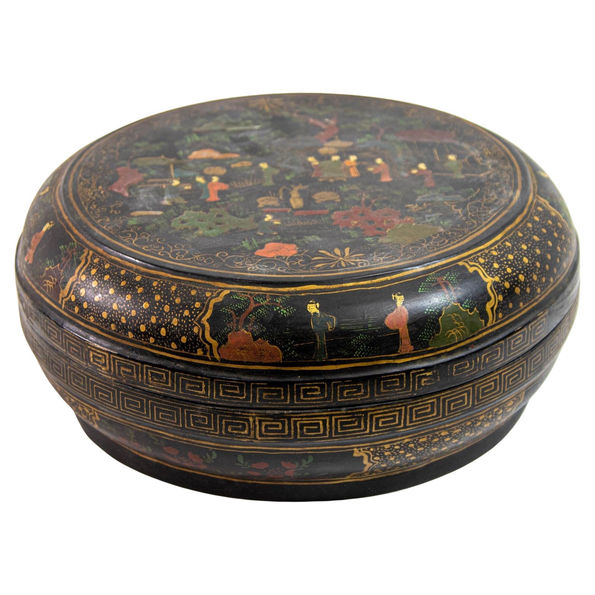 Caja redonda grande de exportación china Caja con tapa lacada en negro y pintada en dorado Años 50