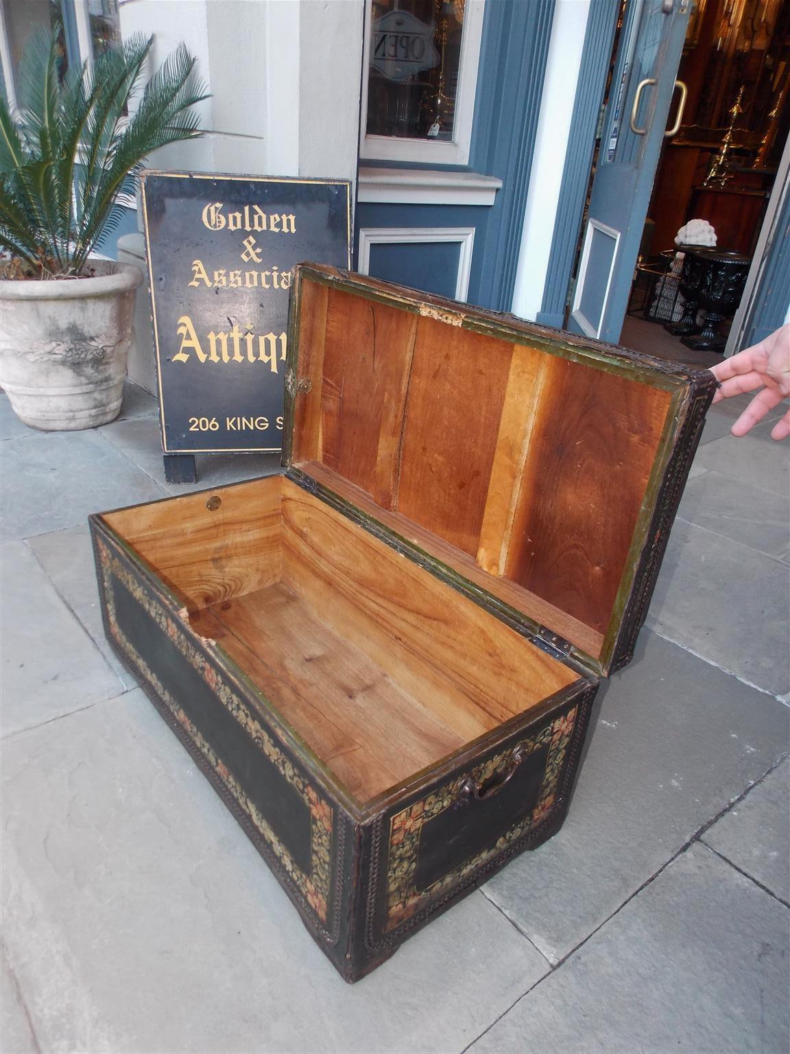 Chinese Export Leather Clad Polychrome and Painted Camphor Wood Trunk. C. 1820 4