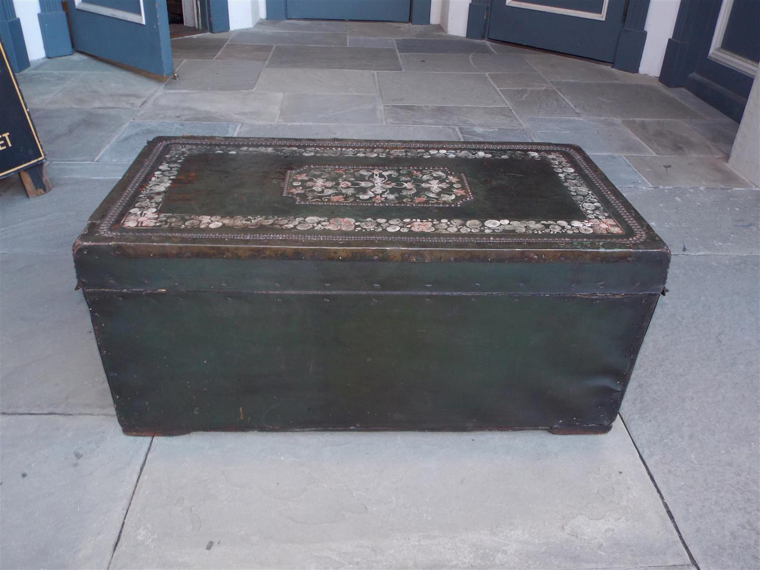 Chinese Export Leather Clad Polychrome and Painted Camphor Wood Trunk. C. 1820 5