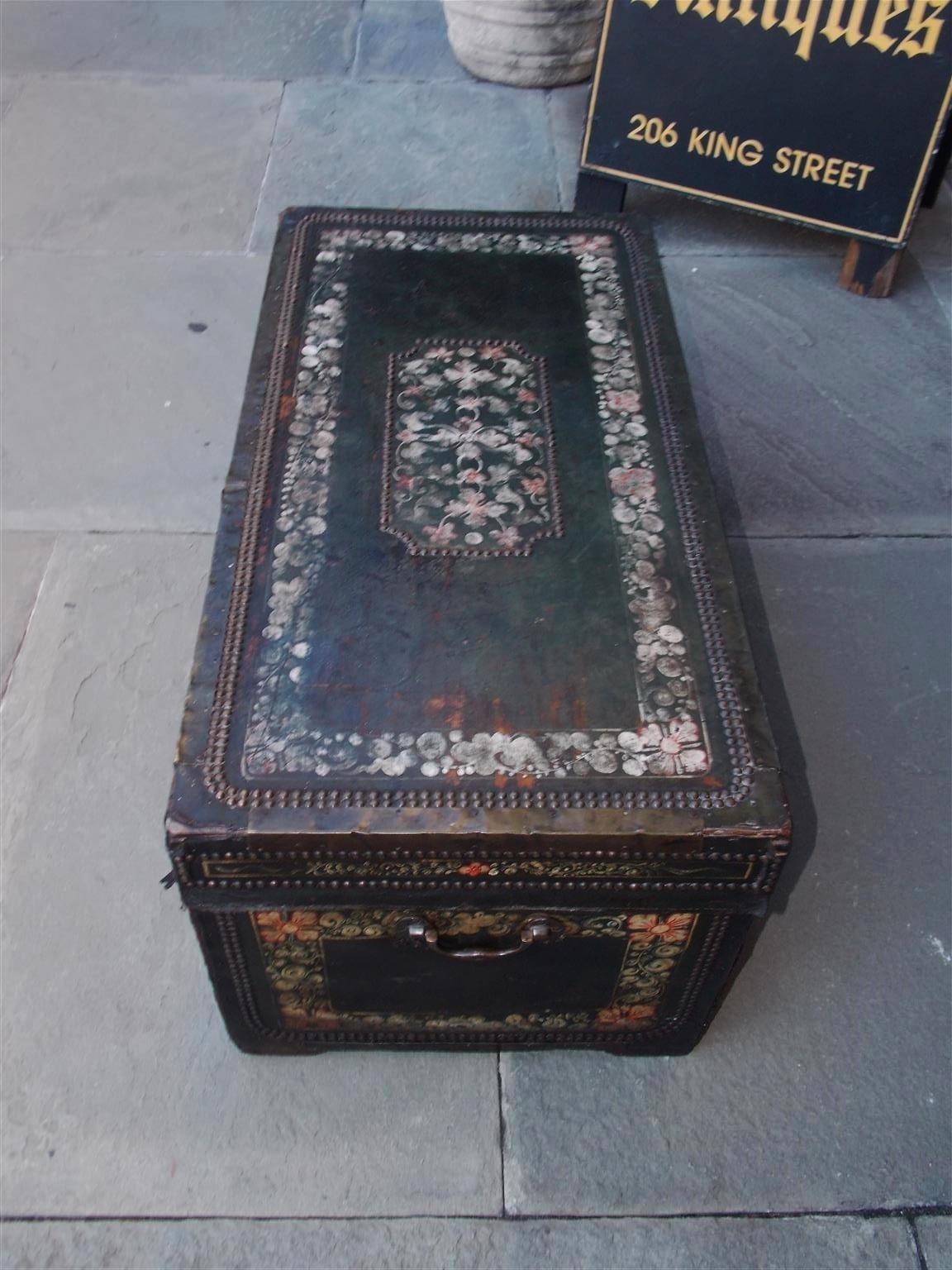 Chinese Export Leather Clad Polychrome and Painted Camphor Wood Trunk. C. 1820 In Excellent Condition In Hollywood, SC