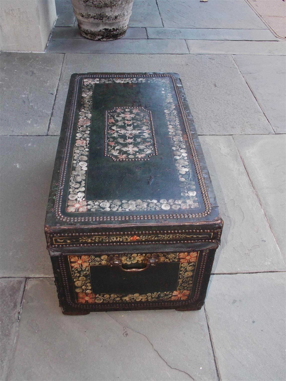 Early 19th Century Chinese Export Leather Clad Polychrome and Painted Camphor Wood Trunk. C. 1820