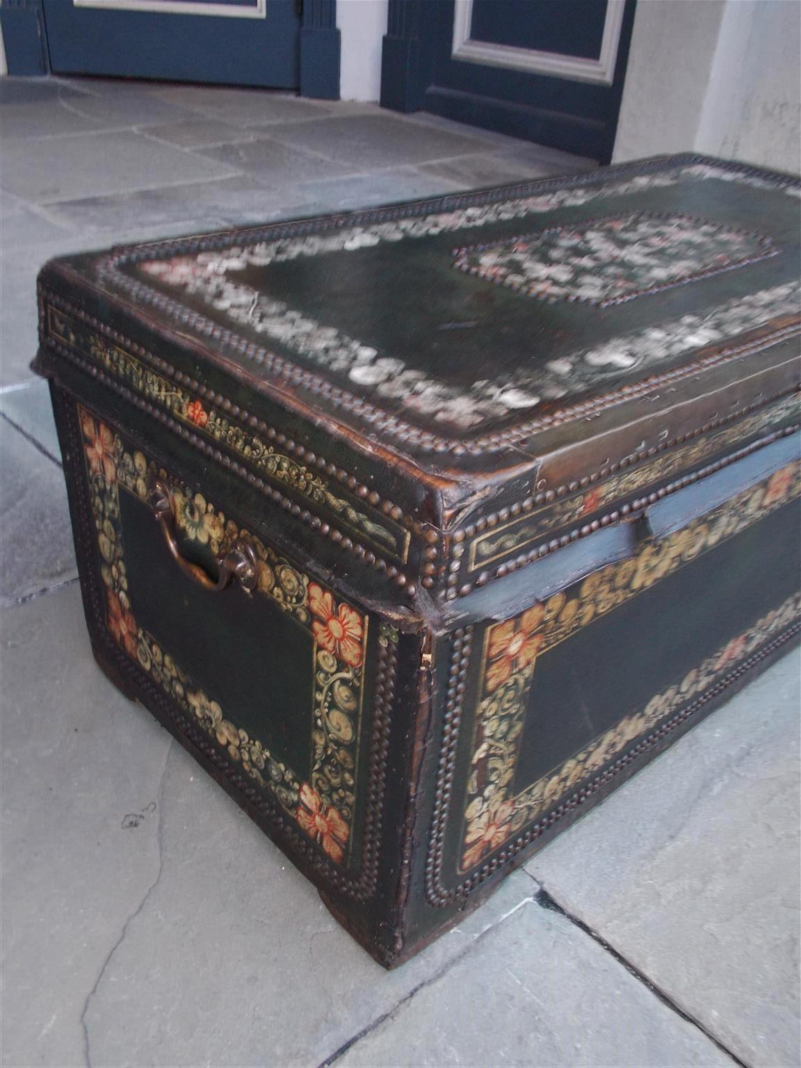 Brass Chinese Export Leather Clad Polychrome and Painted Camphor Wood Trunk. C. 1820