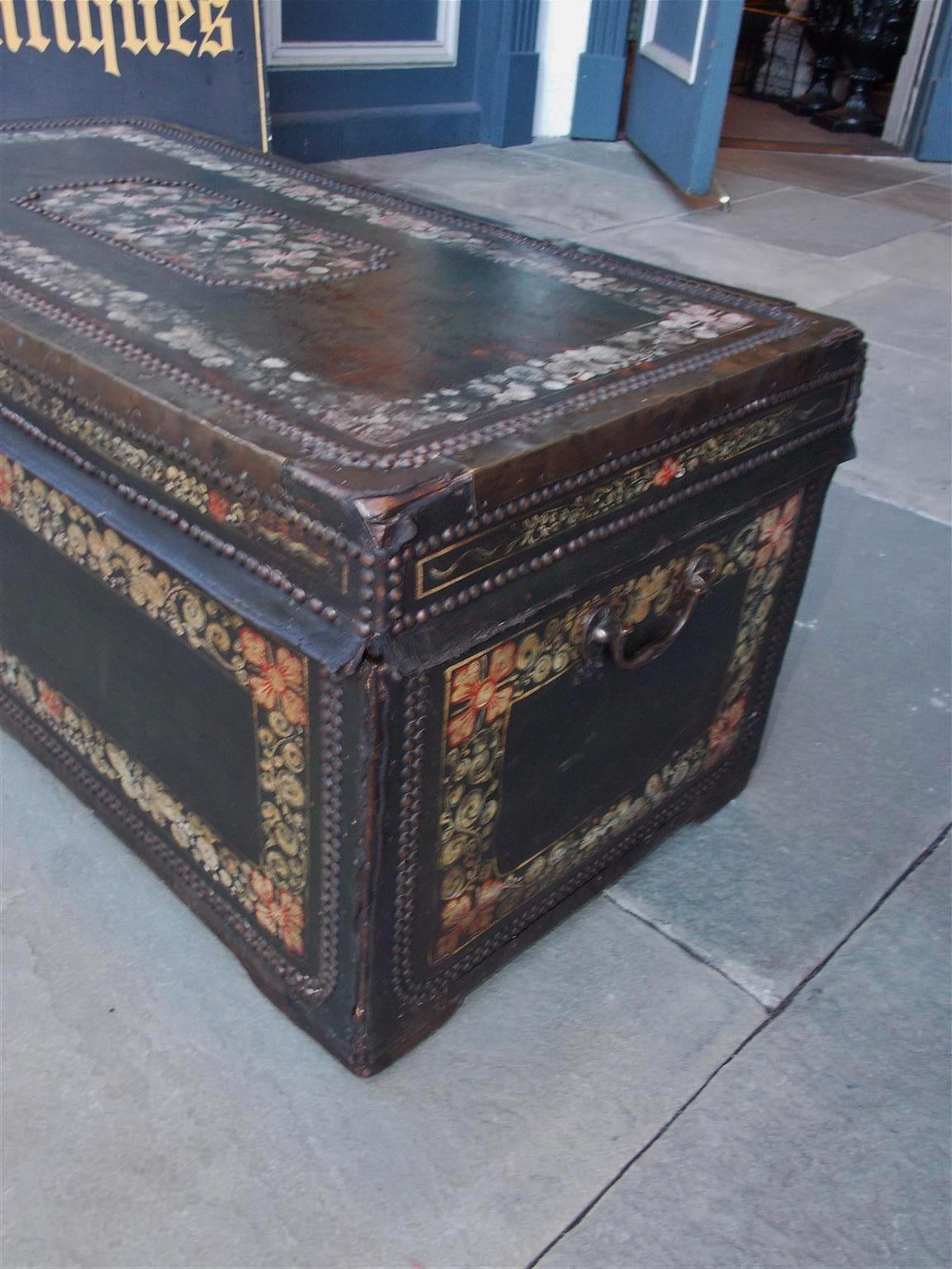 Chinese Export Leather Clad Polychrome and Painted Camphor Wood Trunk. C. 1820 1
