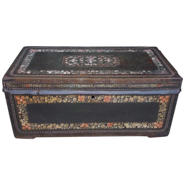Chinese Export Leather Clad Polychrome and Painted Camphor Wood Trunk. C. 1820 For Sale