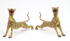 Chinese Export Leopard Cheetahs in Gilt Bronze with Blue and Turquoise Enamel