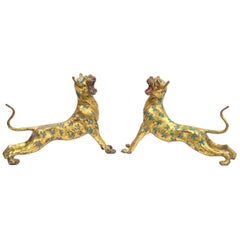 Antique Chinese Export Leopard Cheetahs in Gilt Bronze with Blue and Turquoise Enamel