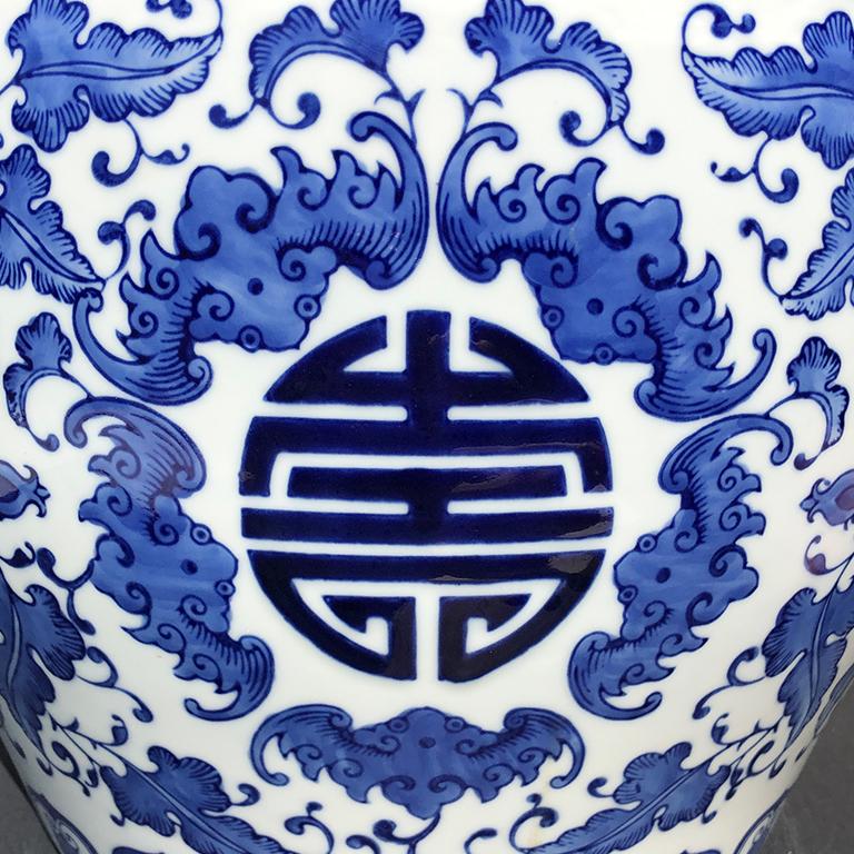 Chinese Export Long Life Longevity Ceramic Fish Bowl Planter Blue and White In Good Condition In Oklahoma City, OK