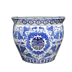 Chinese Export Long Life Longevity Ceramic Fish Bowl Planter Blue and White