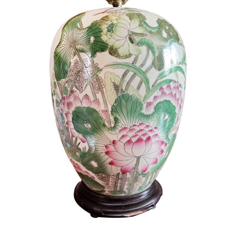 20th Century Chinese Export Lotus Painted Jar Table Lamp For Sale