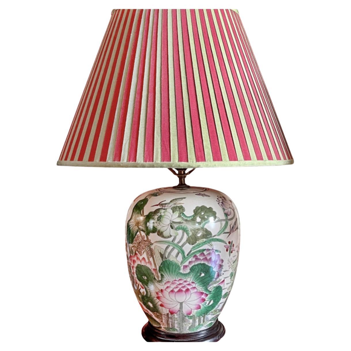 Chinese Export Lotus Painted Jar Table Lamp For Sale