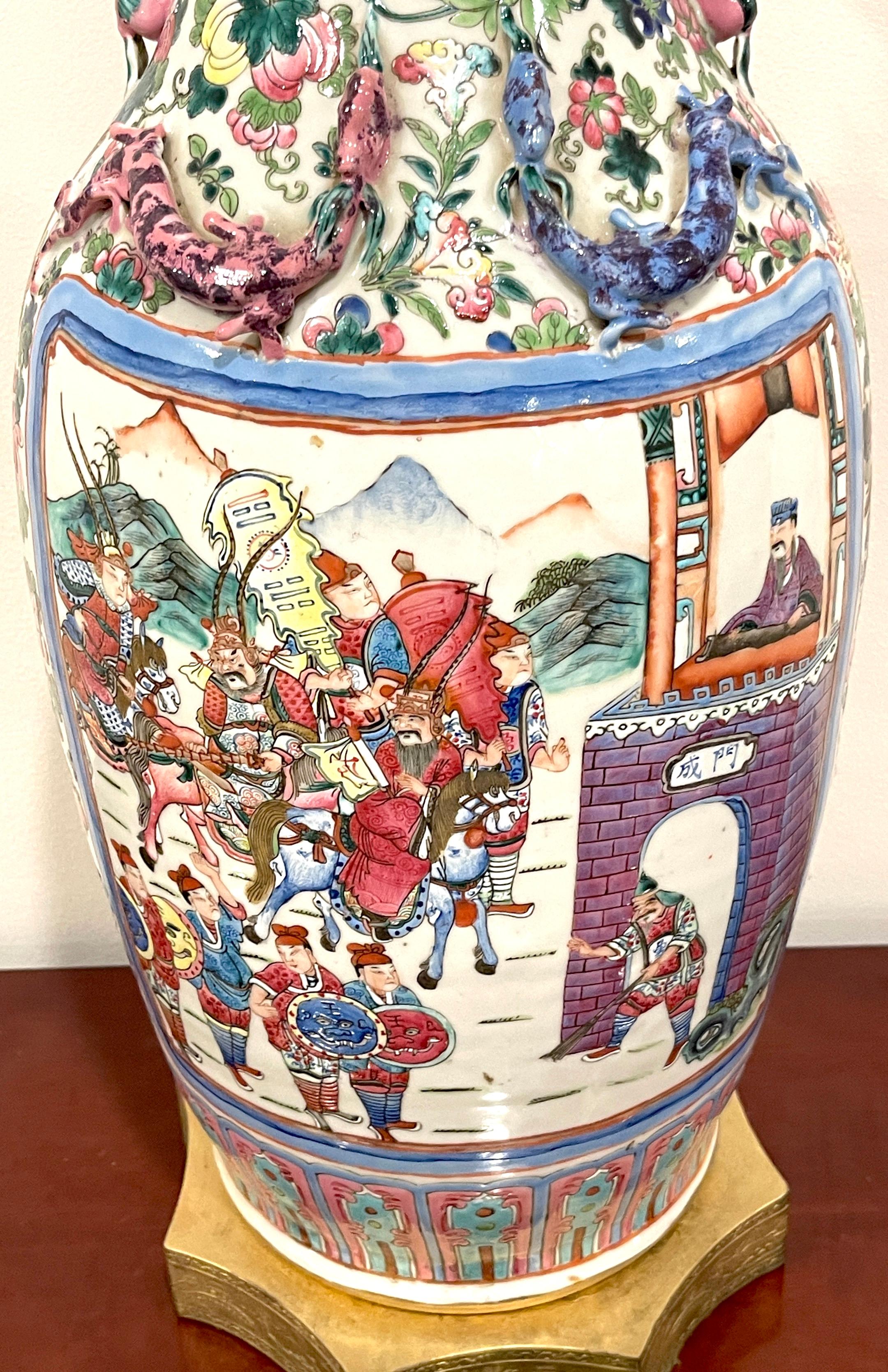 Chinese Export Mandarin Warrior Famille Rose Vase, Now as a Lamp For Sale 7