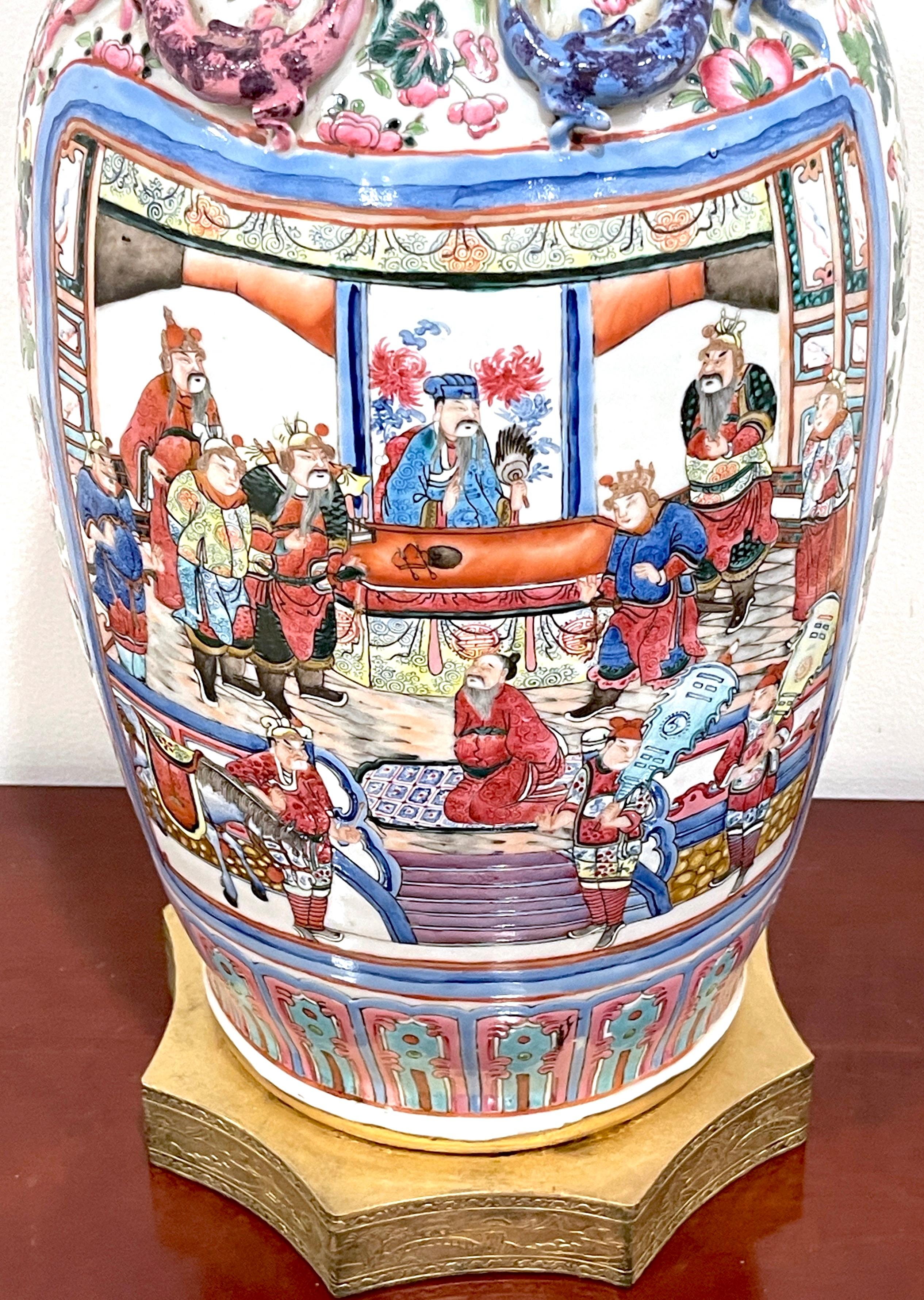 Enameled Chinese Export Mandarin Warrior Famille Rose Vase, Now as a Lamp For Sale
