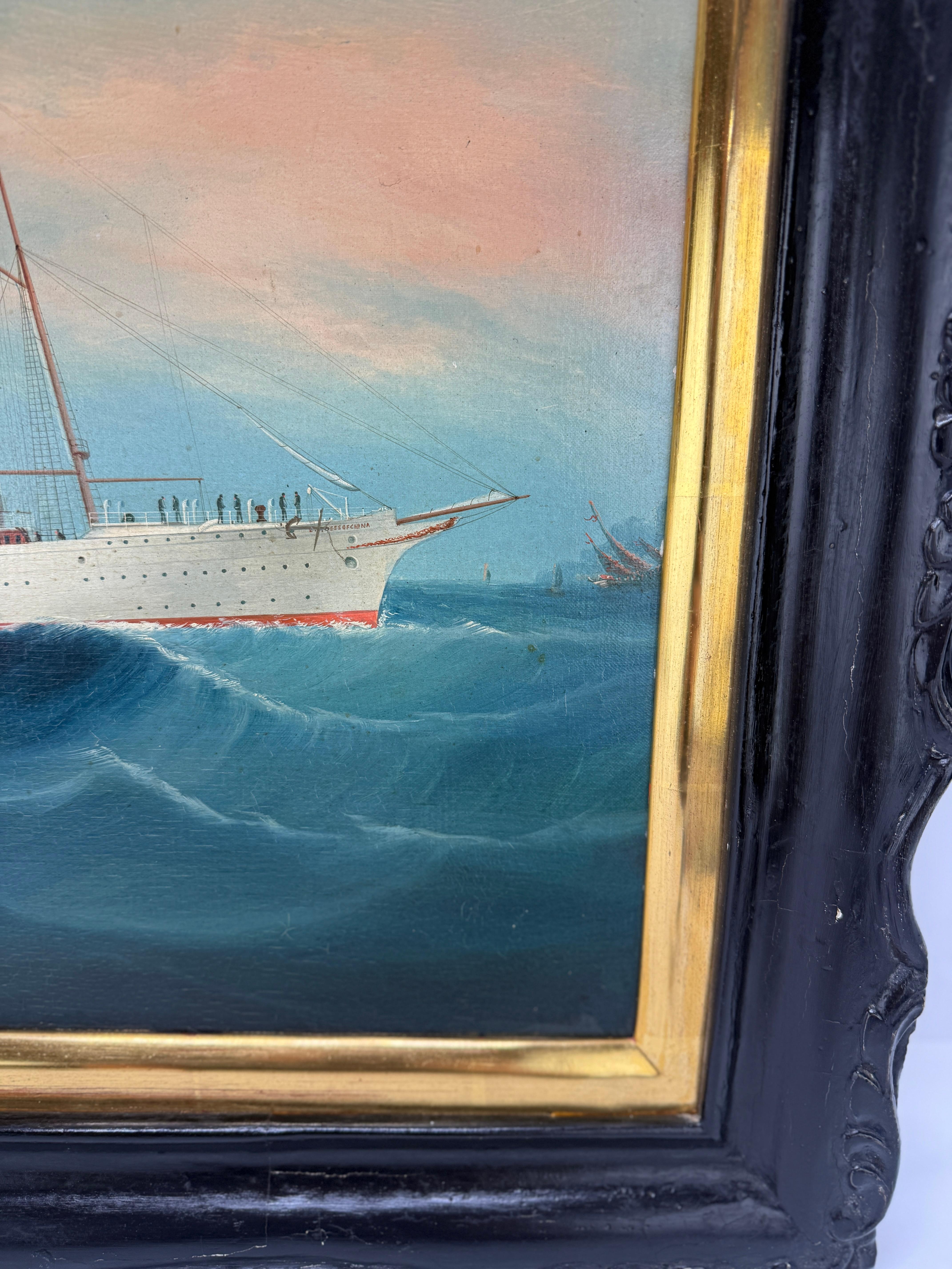 Exportation chinoise Peinture maritime d'exportation chinoise représentant le bateau à vapeur Empress of China, C.I.C. en vente