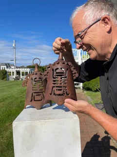 Chinese Rare Vintage Pair Symbolic Longevity Lighting Lanterns