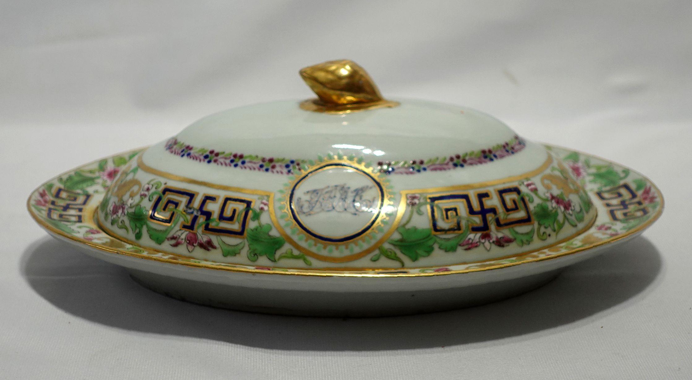 Hand-Painted Chinese Export Monogrammed Covered Serving Dish, 19th century For Sale