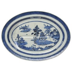 Antique Chinese Export Oval Blue & White Well and Tree Platter, Nanking, c. 1790 