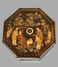 Porta tè ottagonale da esportazione cinese in lacca nera con rivestimento originale in peltro