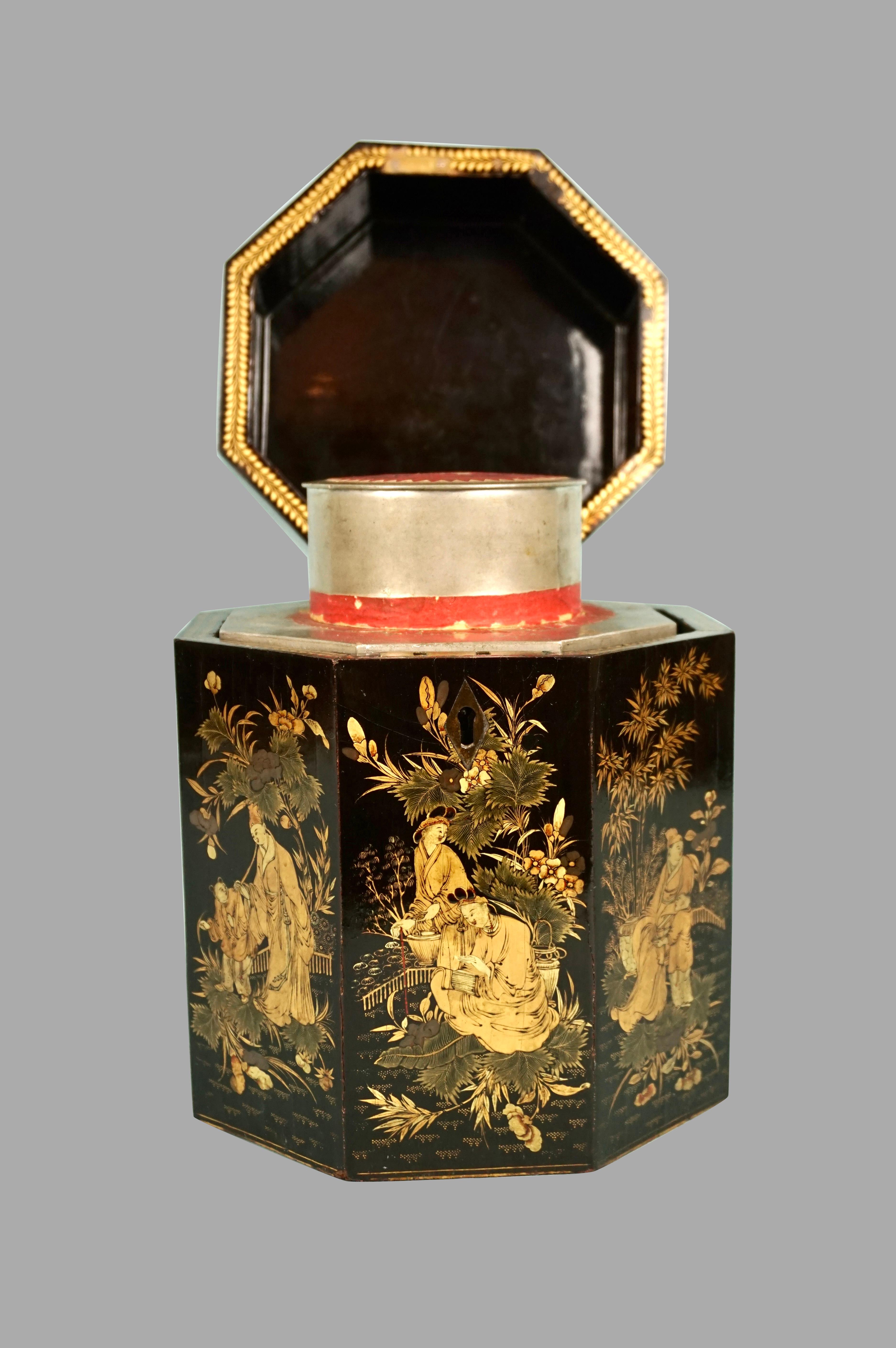 19th Century Chinese Export Octagonal Black Lacquer Tea Caddy with Original Pewter Liner