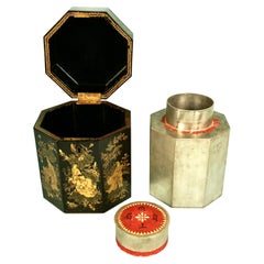 Chinese Export Octagonal Black Lacquer Tea Caddy with Original Pewter Liner
