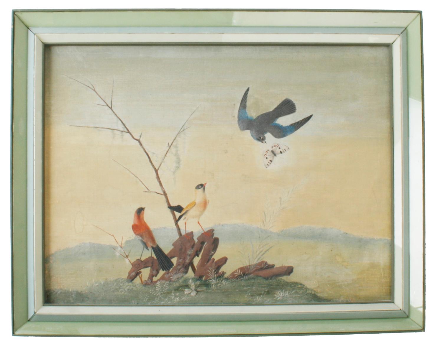 A pair of Chinese export oil paintings of birds framed in two-tone sage green glass veneer frames. Each measures 22.75