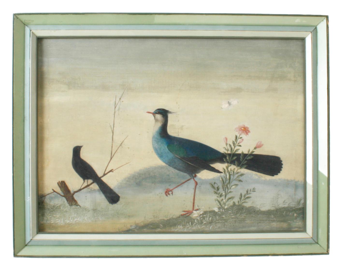 Painted Chinese Export Oil Paintings of Birds in Glass Veneer Frames, 19th Century