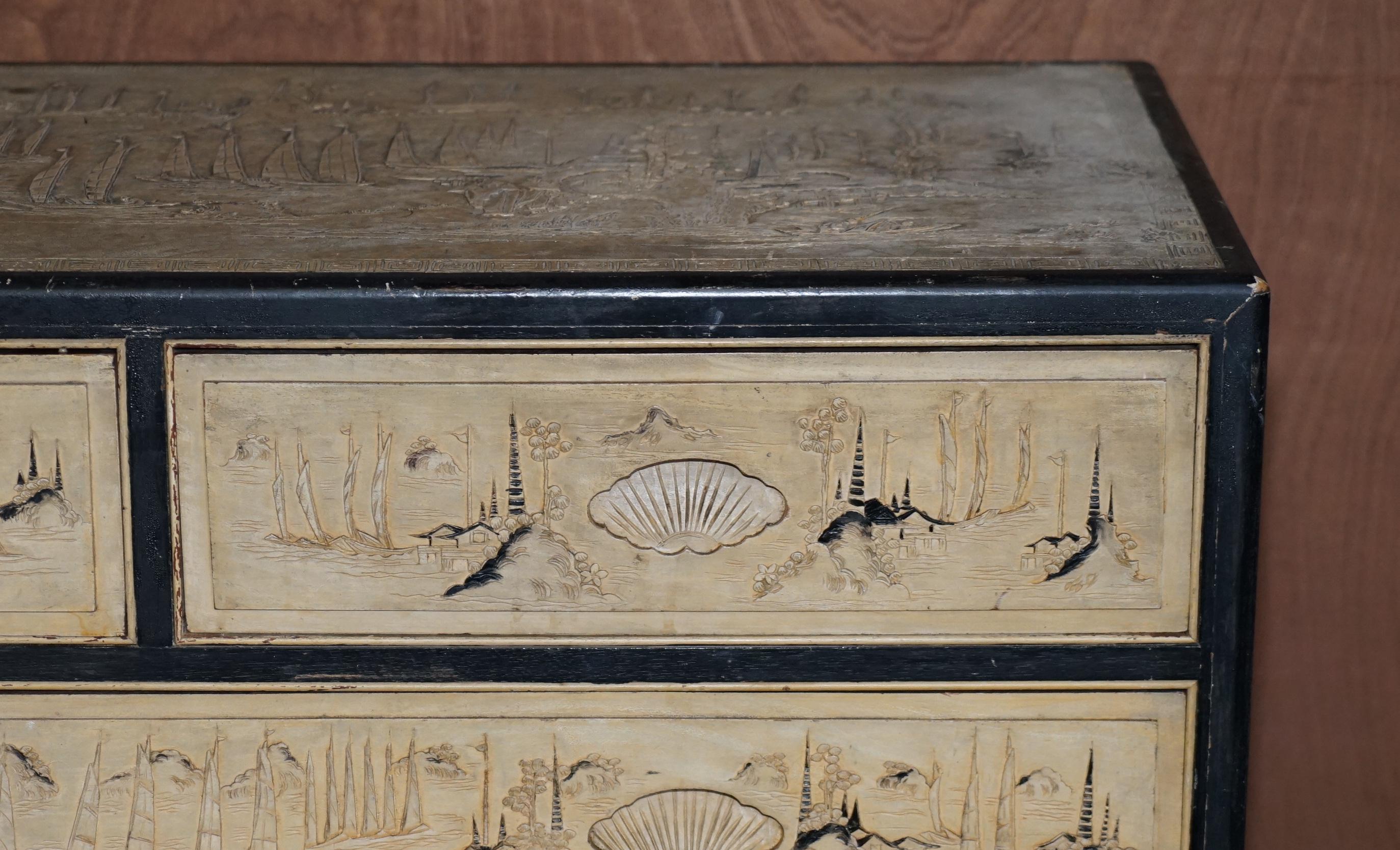 Early 20th Century Chinese Export Oriental Heavily Carved Camphor Wood Chest of Drawers Part Suite For Sale