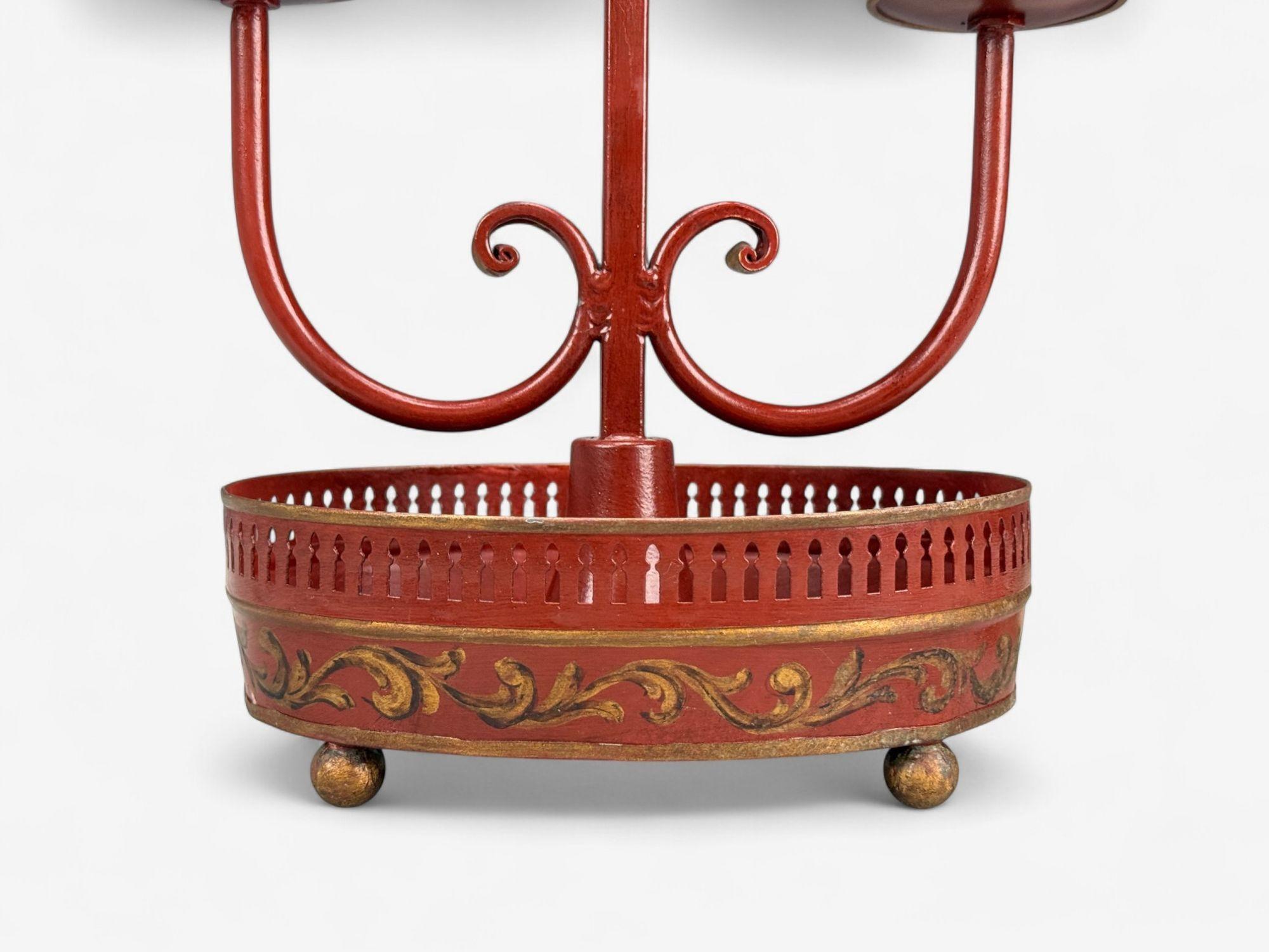 20th Century Chinese Export, Painted Metal, Brass, Red Japanned Table Lamp, 20th C. For Sale