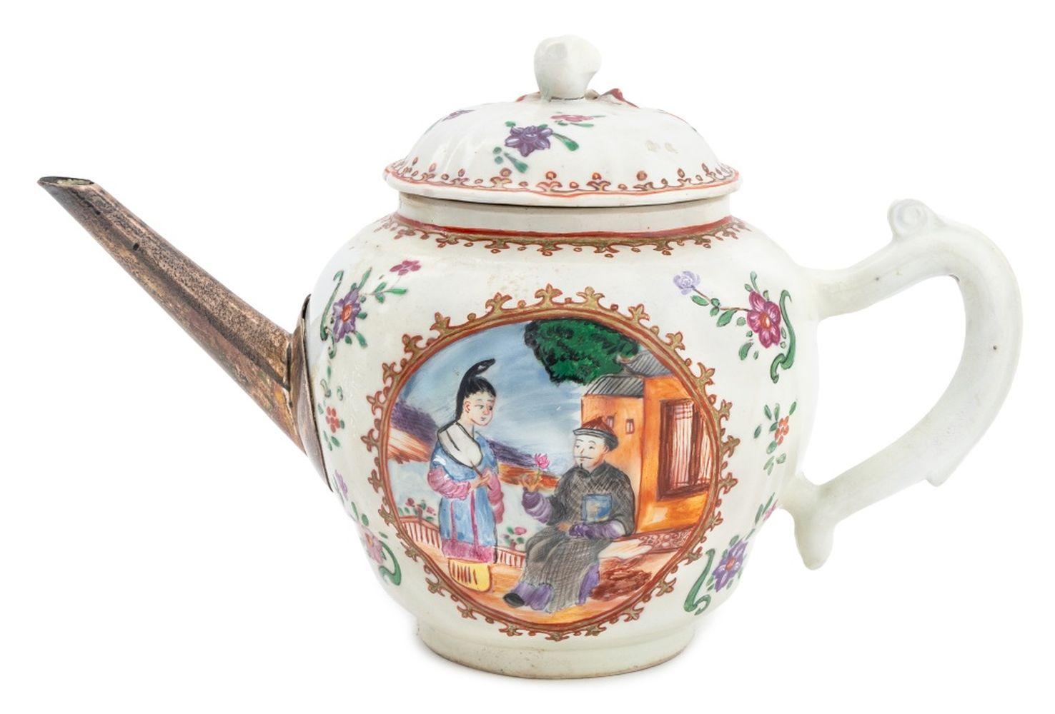 Two Chinese Export Painted Porcelain Articles, circa 1750, comprising: bullet shaped teapot with silver spout, and oval reticulated platter with figural scene to the center. Silver tested. Teapot: 6