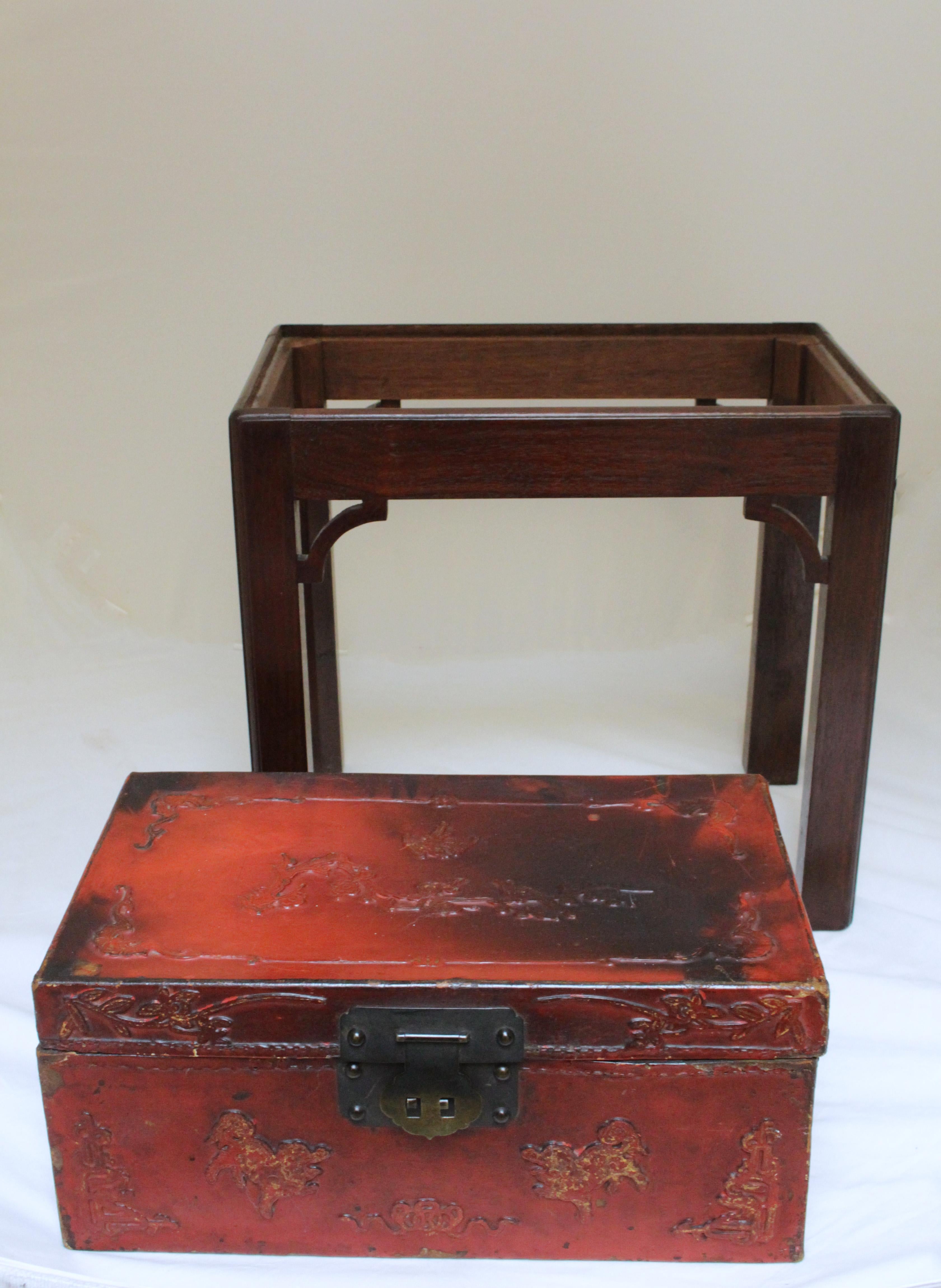 Chinese export pigskin box now on custom made stand as a side table. Early 20th century. Foo dogs, birds, flower & auspicious symbols. 15 1/2