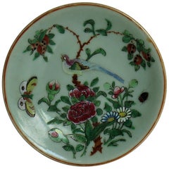 Antique Chinese Export Plate Celadon Glaze Famille Rose Hand Painted, Qing, circa 1820