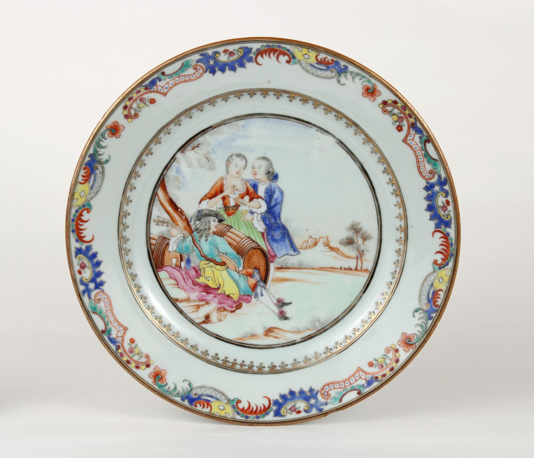 Chinese Export Plate Decorated with a Music Party, circa 1745 In Fair Condition For Sale In St. Louis, MO