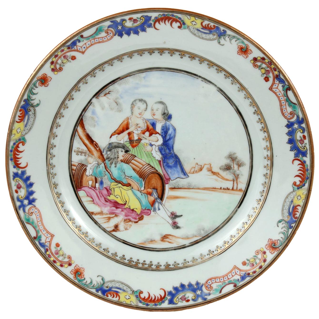 Chinese Export Plate Decorated with a Music Party, circa 1745 For Sale
