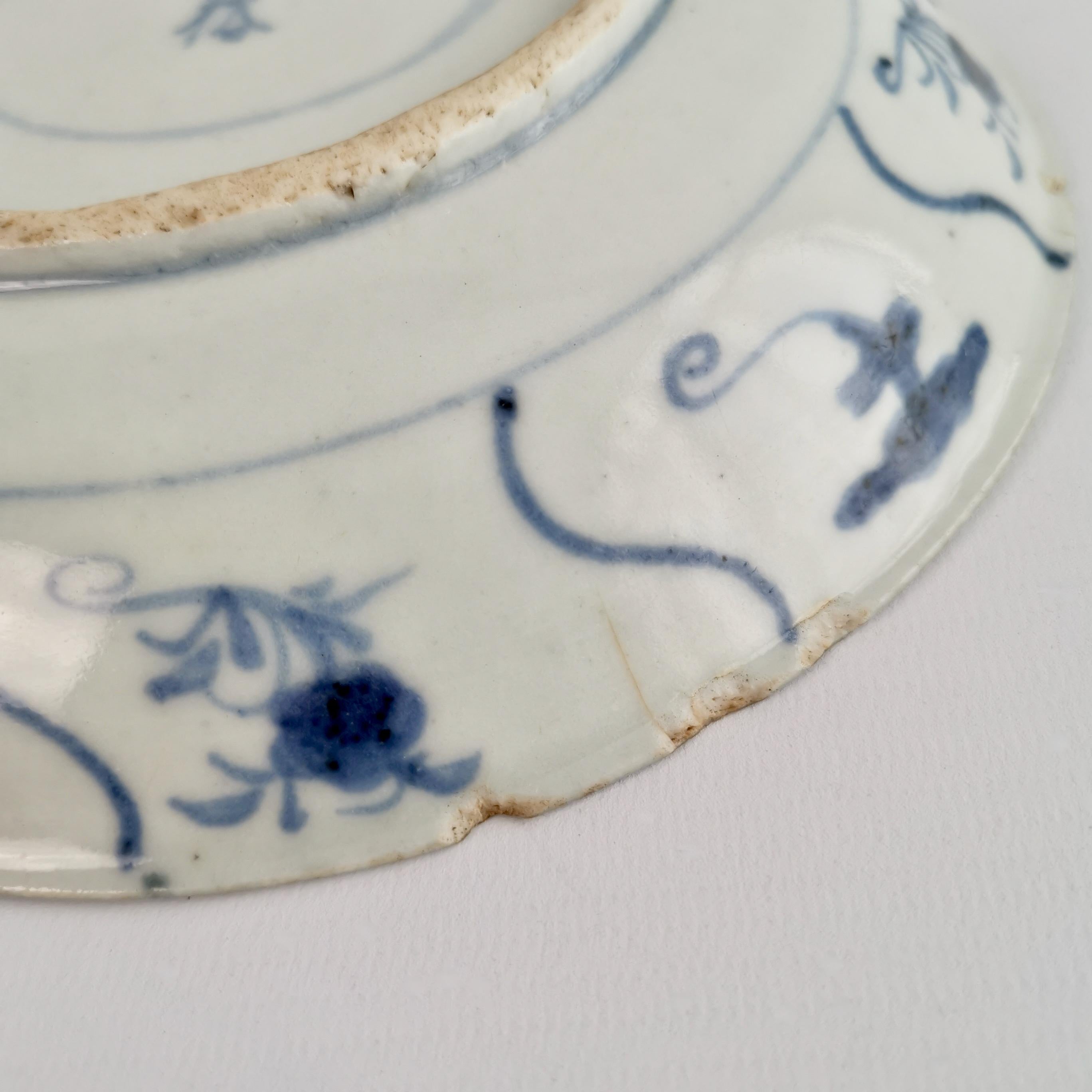 Porcelain Chinese Export Plate, Tek Sing Style Shipwreck Plate, Blue White, Kangxi ca 1730