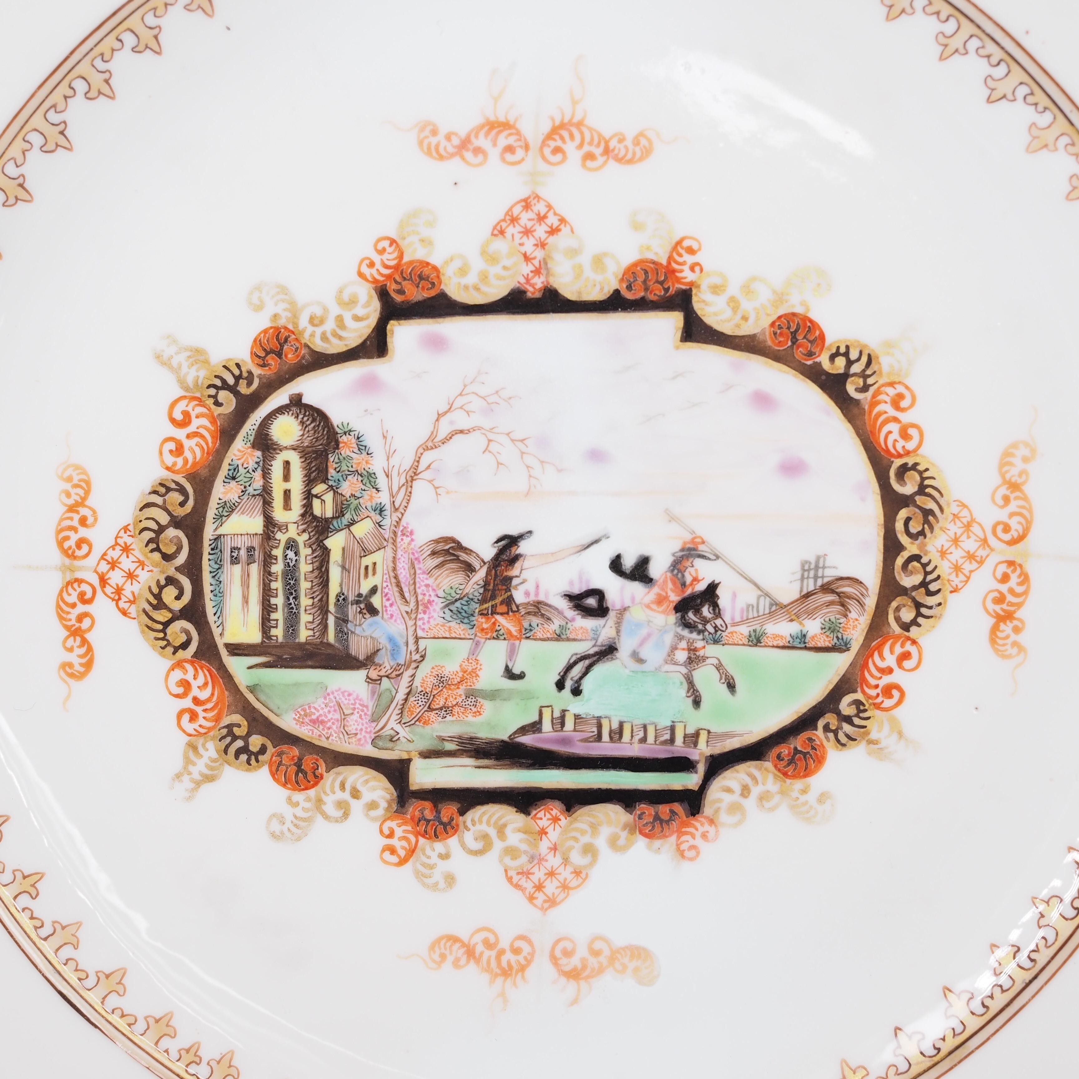 Rococo Chinese Export Plate with Meissen Style Cartouche Landscape, c.1730 For Sale