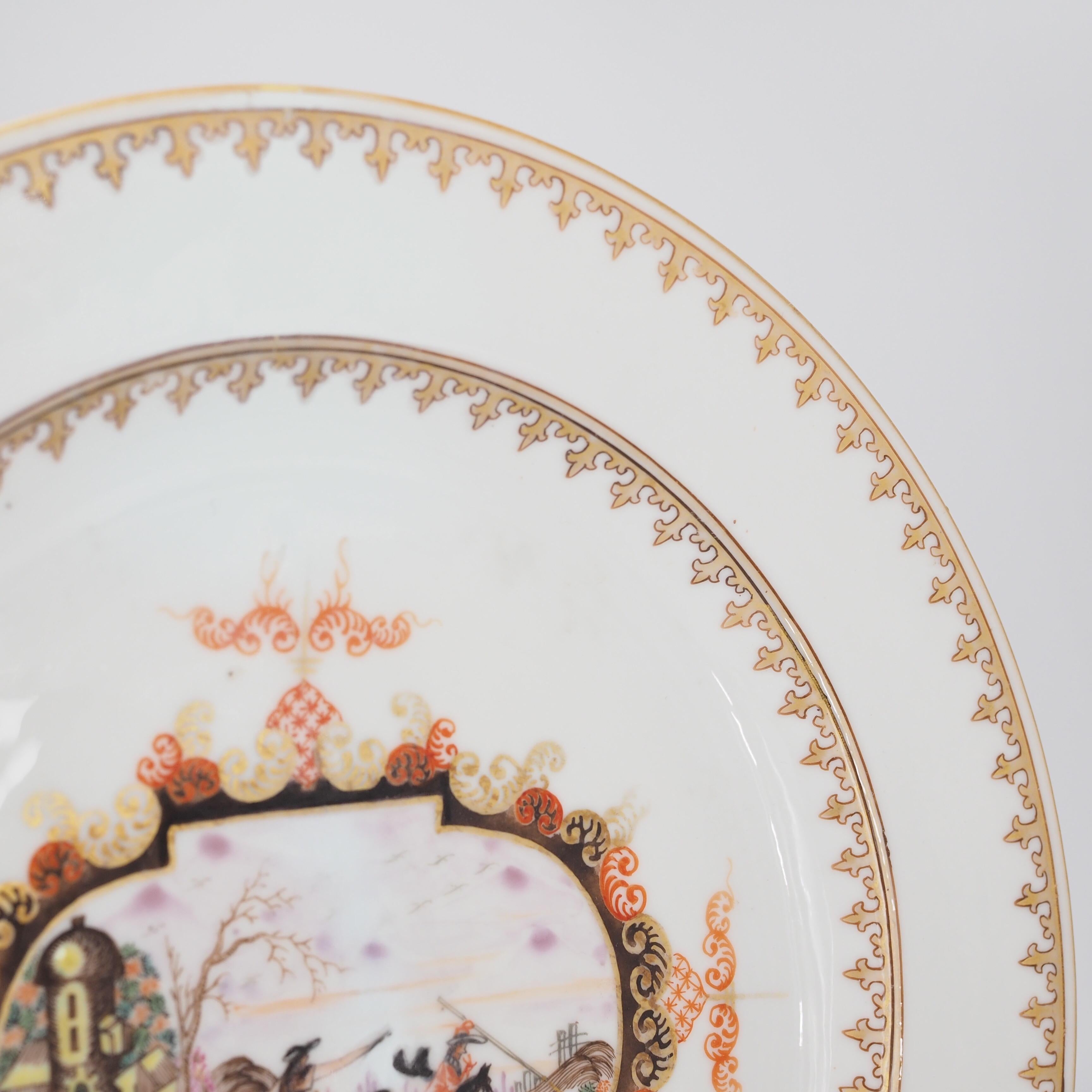 Hand-Painted Chinese Export Plate with Meissen Style Cartouche Landscape, c.1730 For Sale