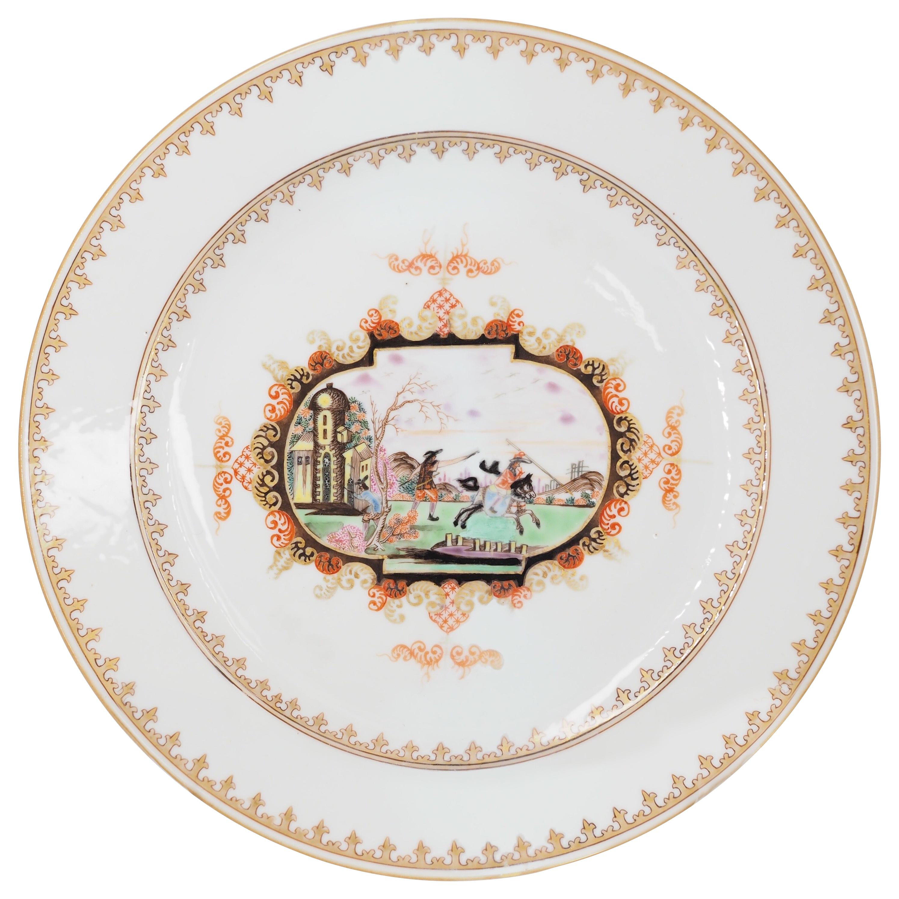 Chinese Export Plate with Meissen Style Cartouche Landscape, c.1730 For Sale