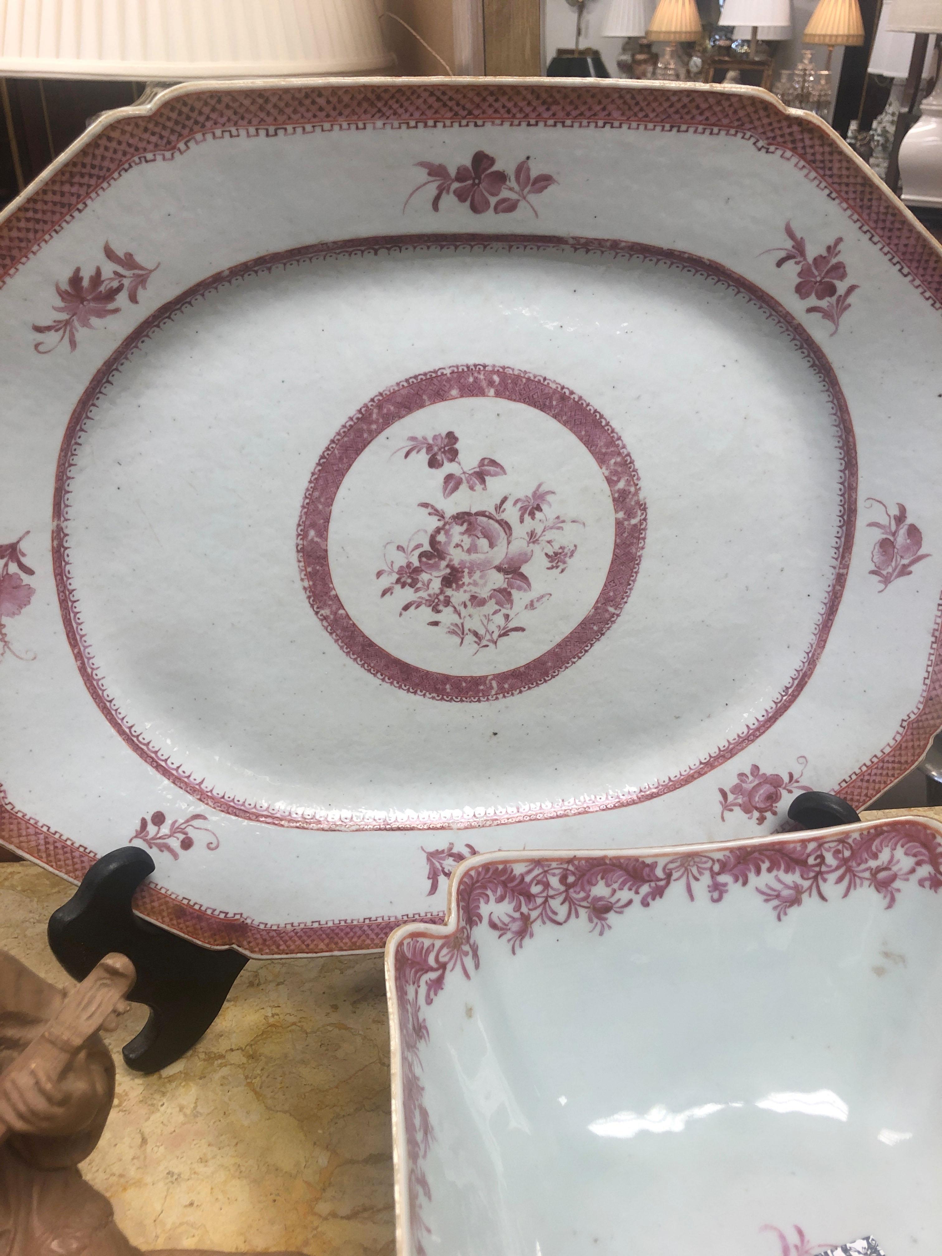 This Chinese export platter Is late 18th century early 19th century in great condition, possibly earlier. The platter has orange peel porcelain glaze and has cut corners.