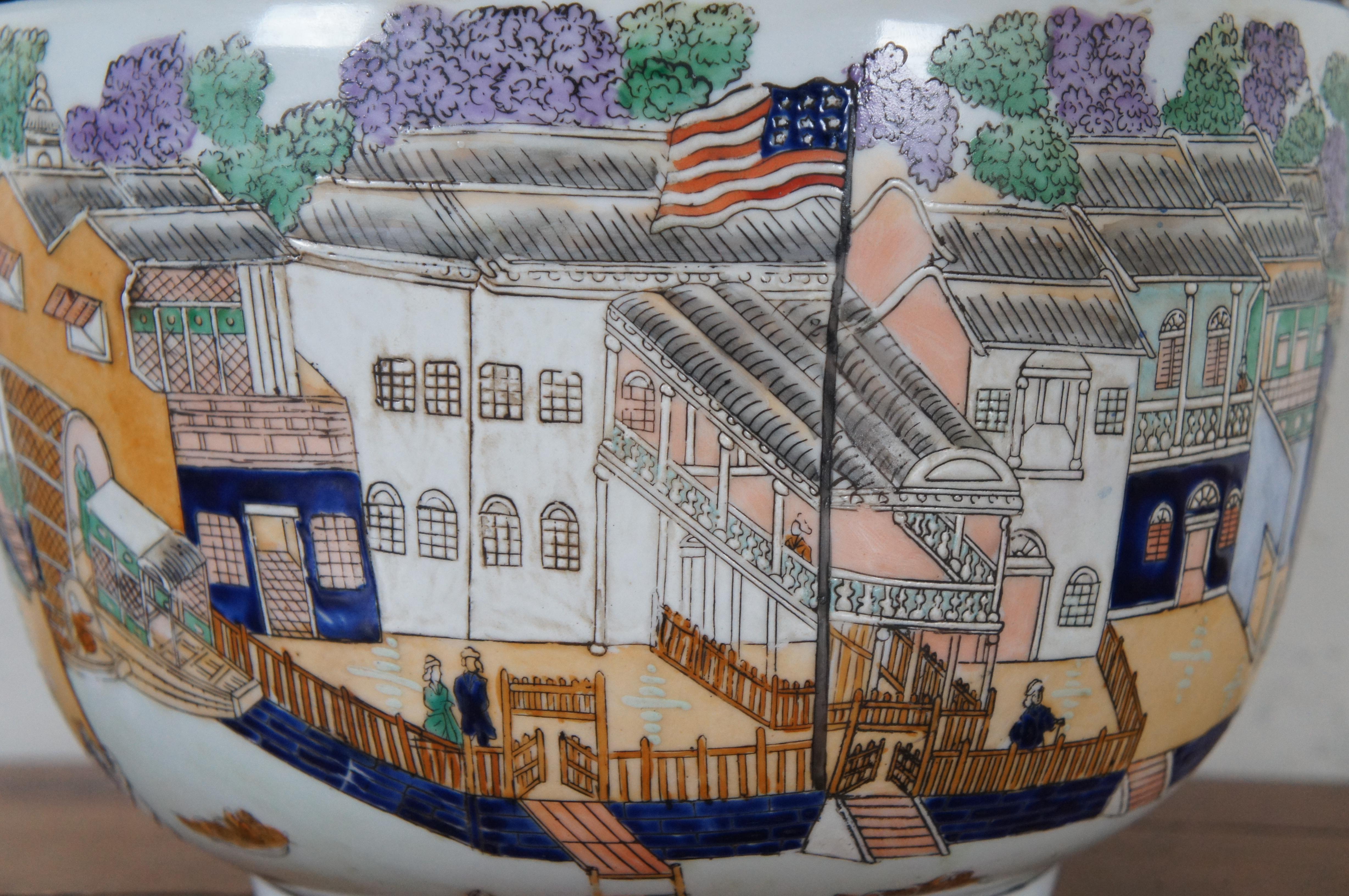 Chinese Export Polychrome Hong Cityscape Lidded Urn Pot Jar Bowl 14