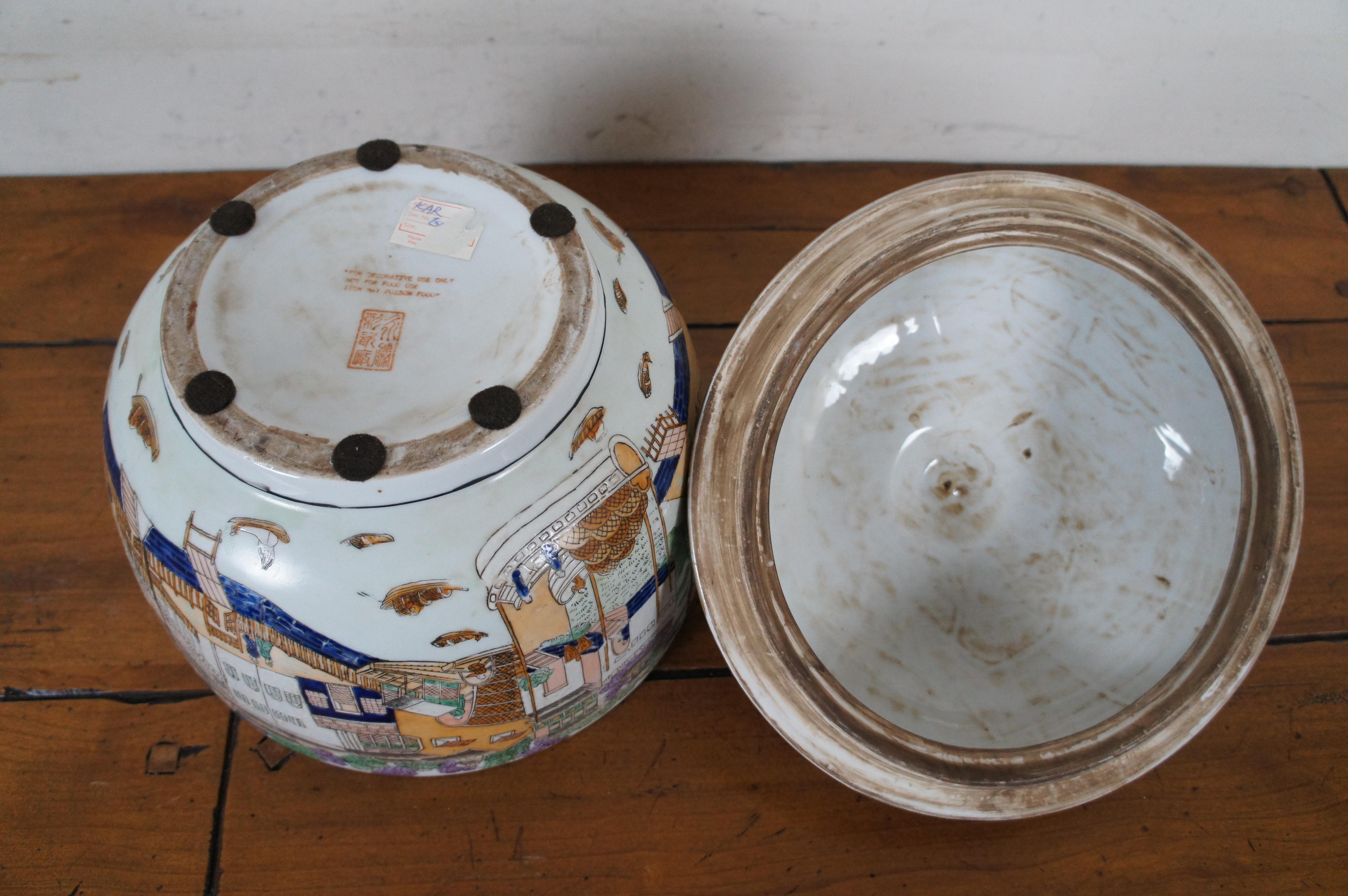 Chinese Export Polychrome Hong Cityscape Lidded Urn Pot Jar Bowl 14