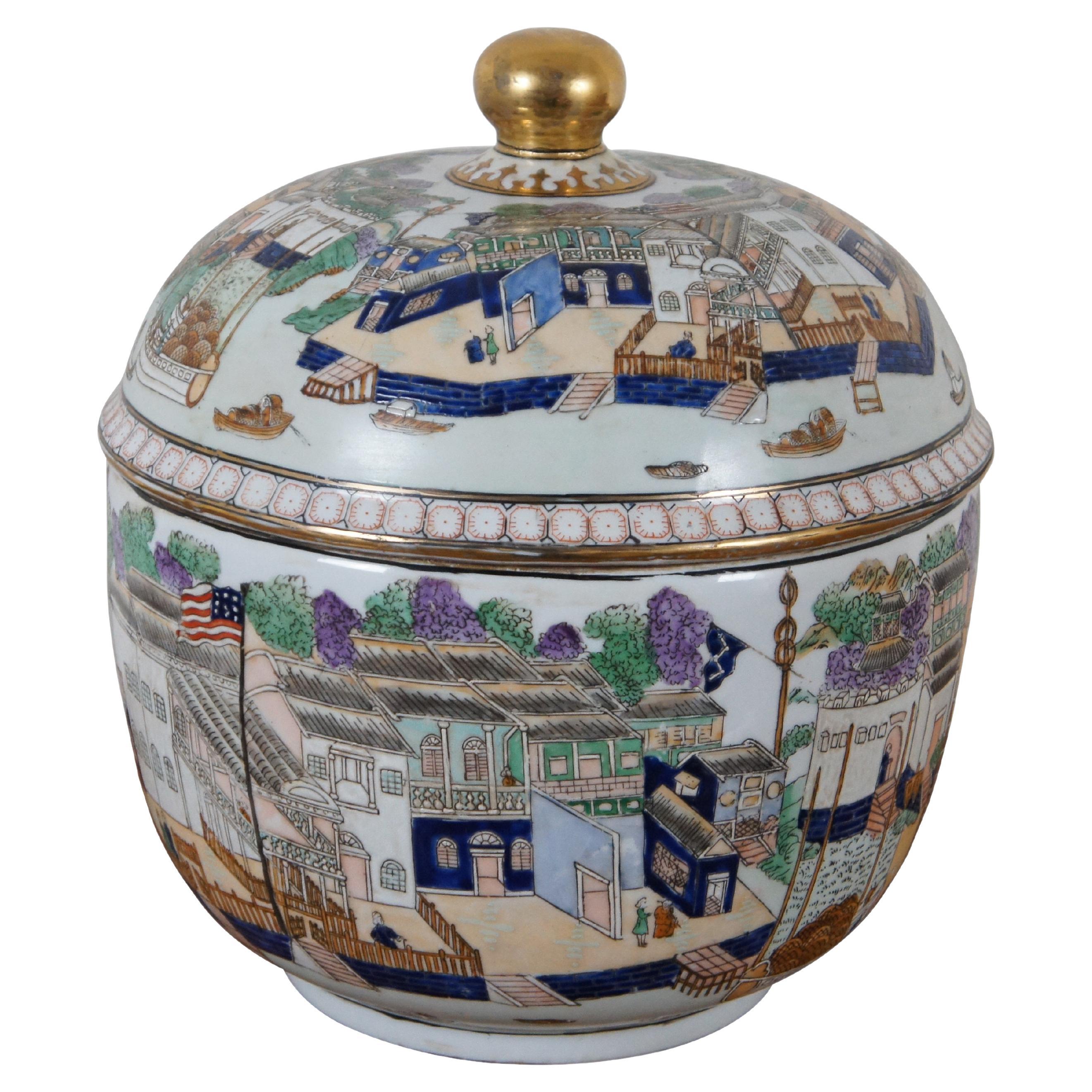 Chinese Export Polychrome Hong Cityscape Lidded Urn Pot Jar Bowl 14" For Sale