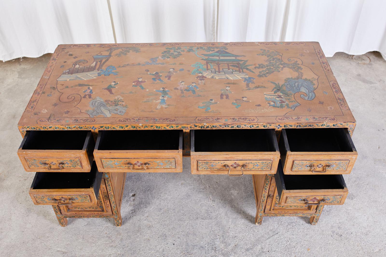 Chinese Export Polychrome Pedestal Desk Writing Table 5