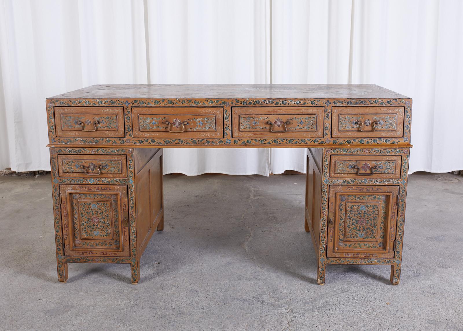 Chinese Export Polychrome Pedestal Desk Writing Table 6