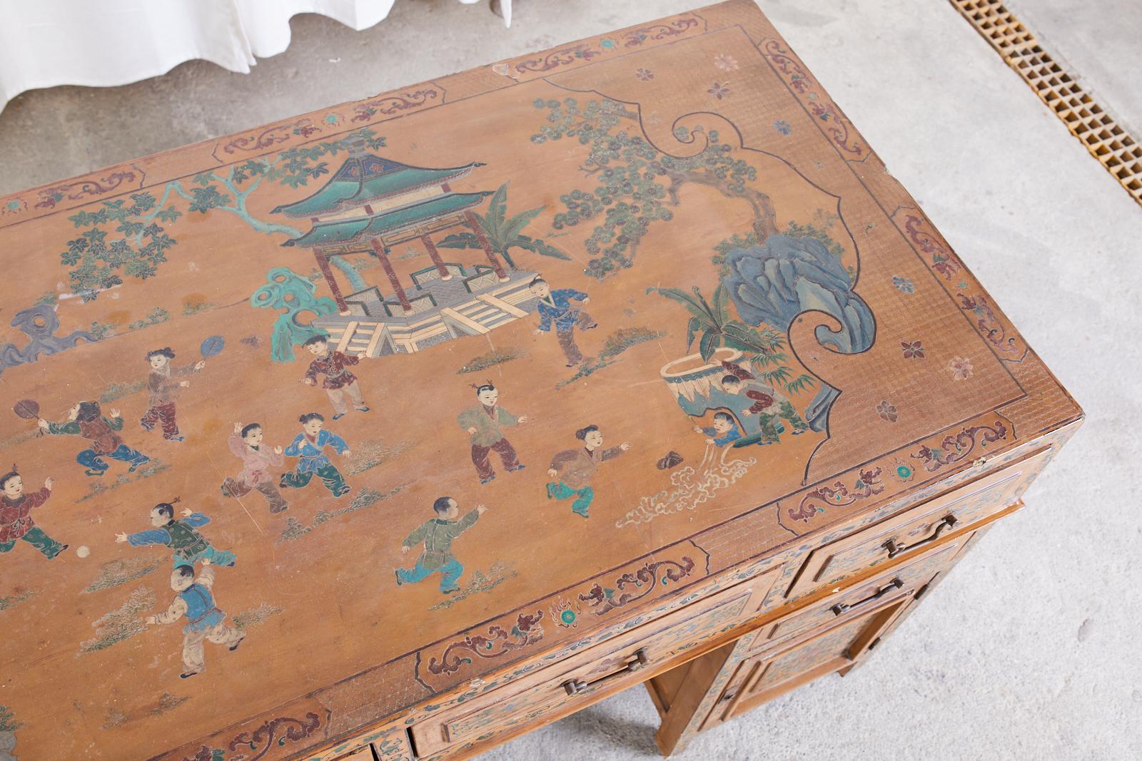 Polychromed Chinese Export Polychrome Pedestal Desk Writing Table