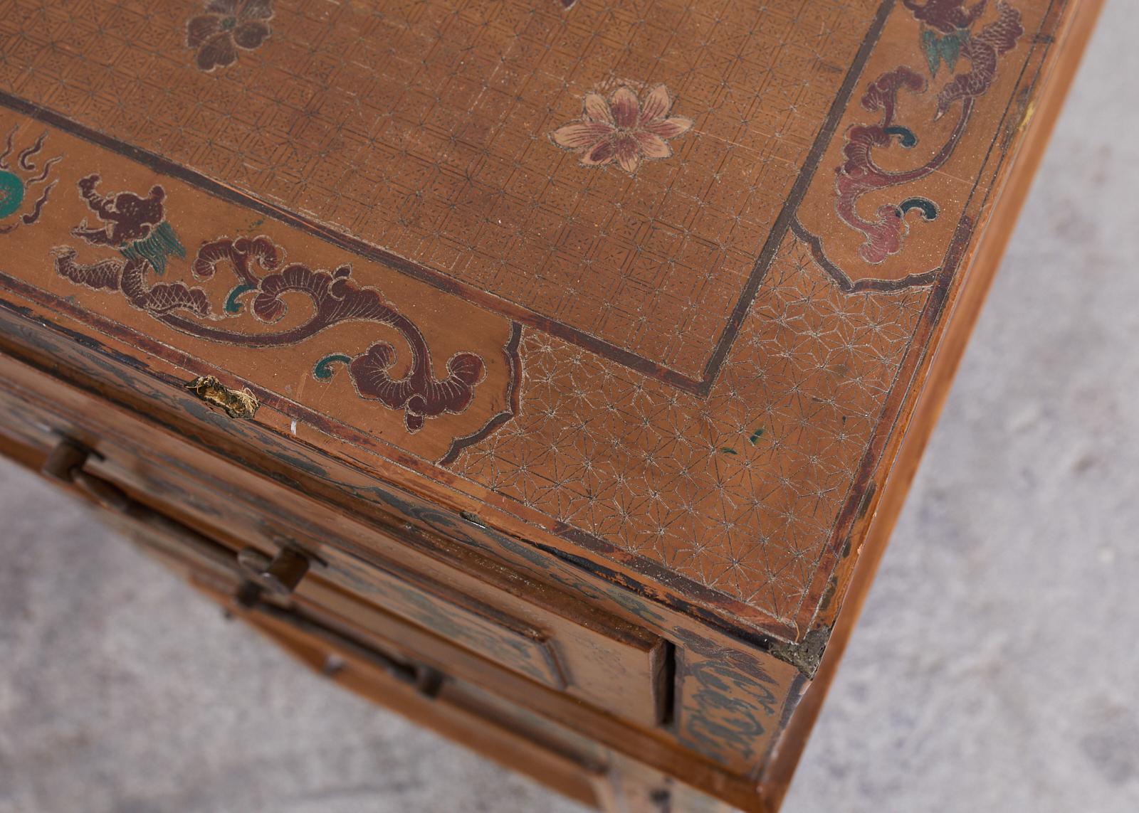 Brass Chinese Export Polychrome Pedestal Desk Writing Table