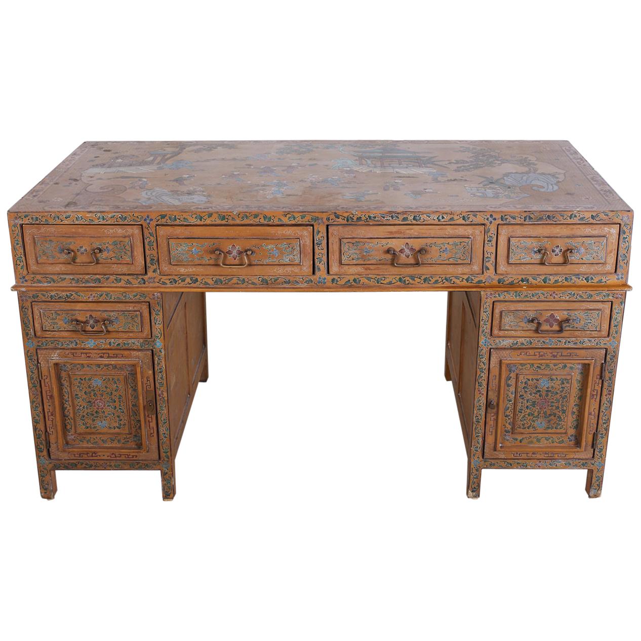 Chinese Export Polychrome Pedestal Desk Writing Table