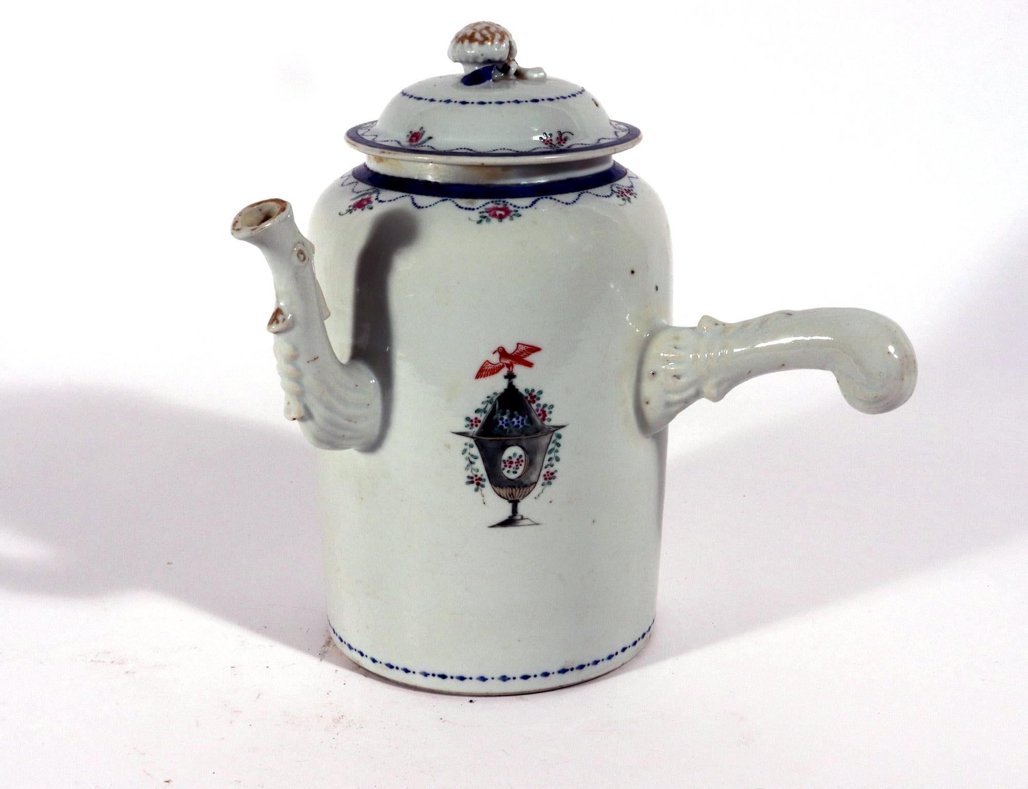 Chinese Export Porcelain Chocolate Pot and Cover,
American Market,
Circa 17 85-95

The Chinese Export porcelain chocolate pot and domed cover is painted to each side with an en grisaille urn with famille rose flowers issuing from the cover and