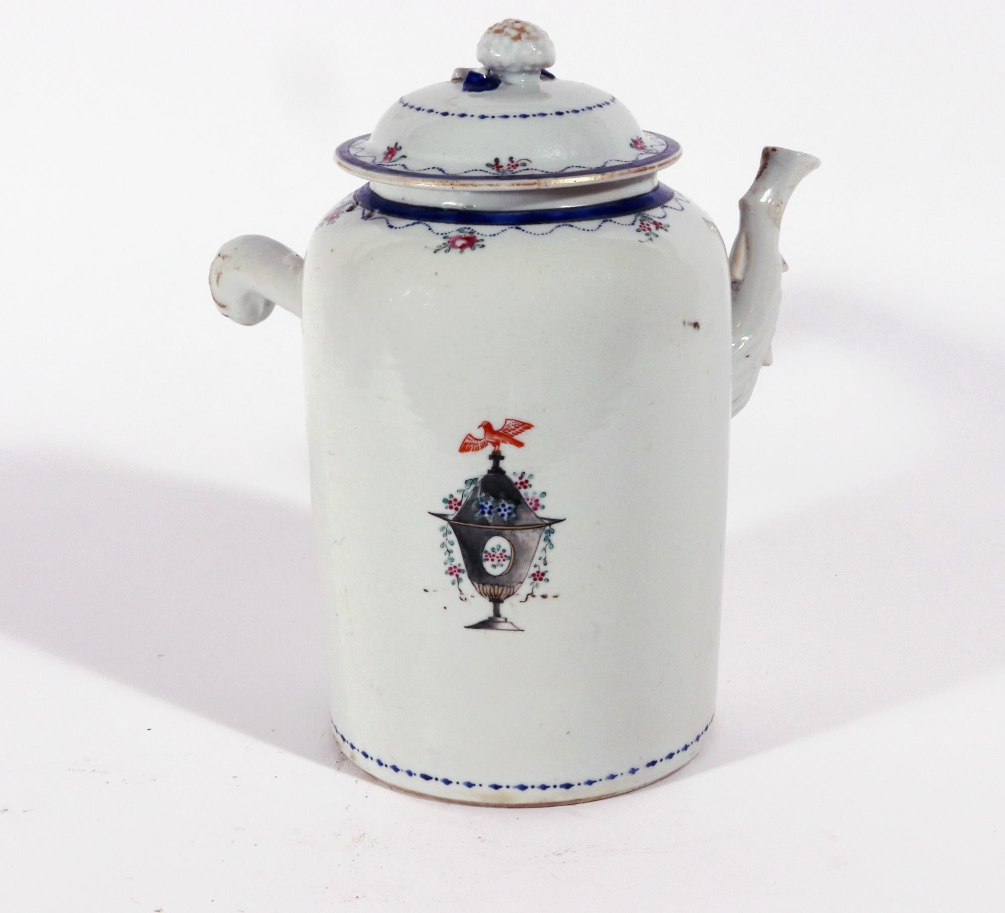 18th Century Chinese Export Porcelain American Market Chocolate Pot and Cover For Sale
