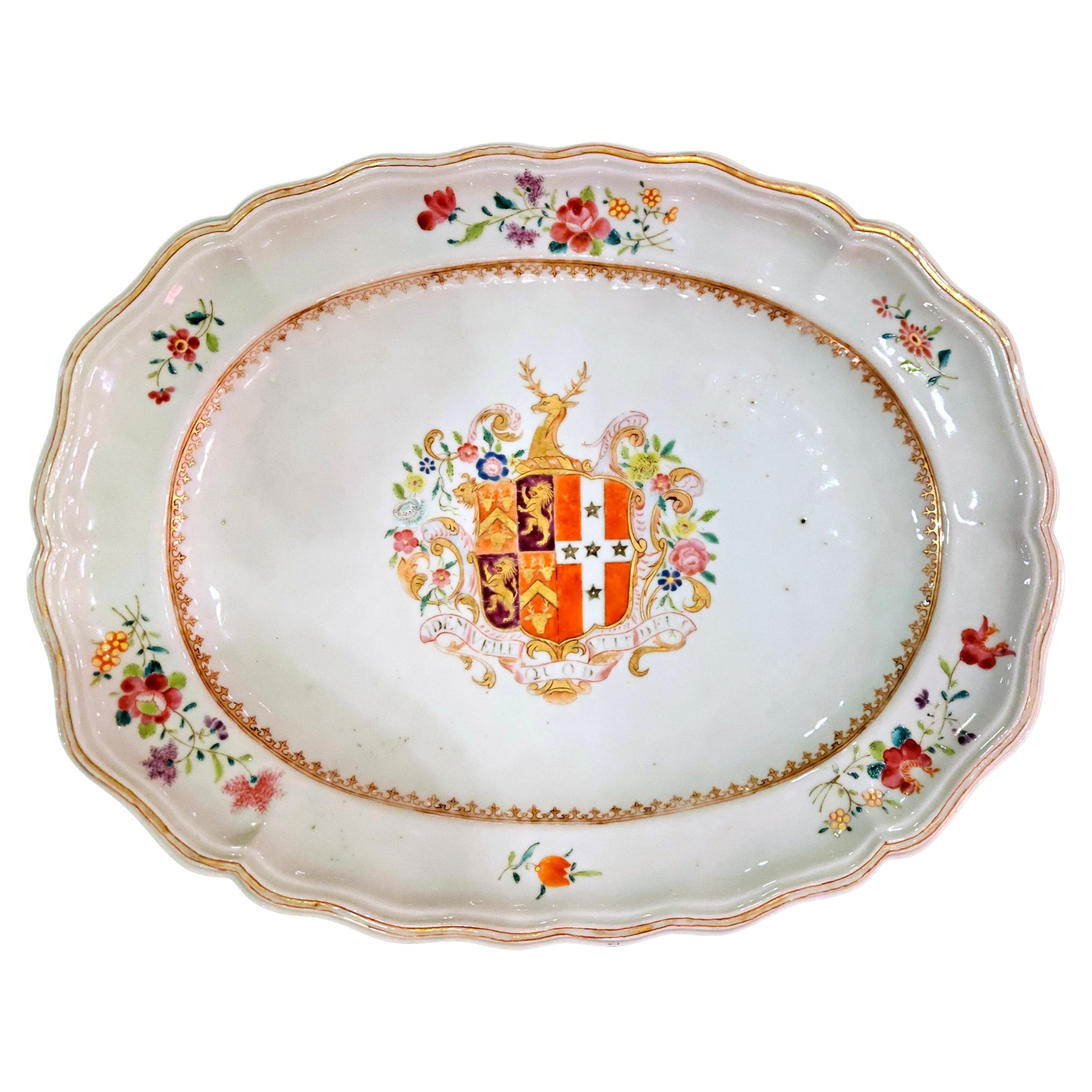 Chinese Export Porcelain Armorial Dish Arms of Hugget Quarterly Impaling Randolp