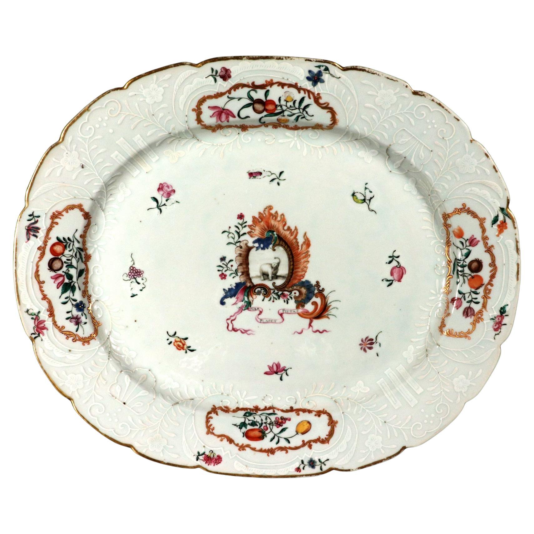 Chinese Export Porcelain Armorial Dish with Coat of Arms with Elephant For Sale