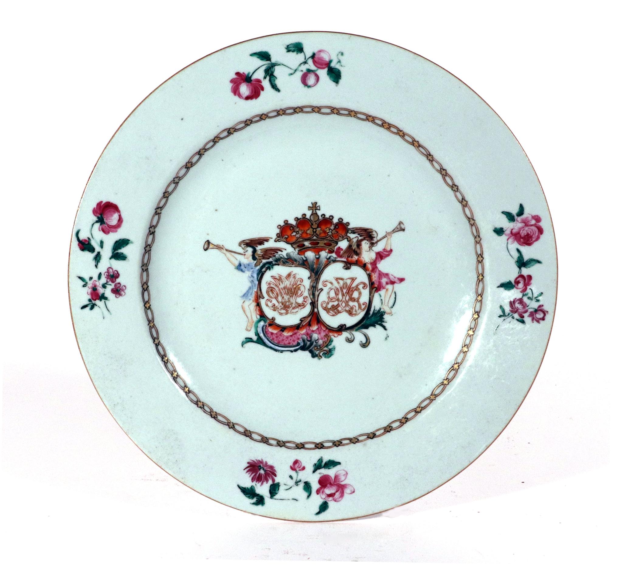 Chinese Export Porcelain Armorial Double Crest Marriage Dinner Plate,
Probably the Dutch Market,
Circa 1755-60

The attractive Chinese Export crested armorial marriage plate has a central design with shields, each with a different gilt cyphers,